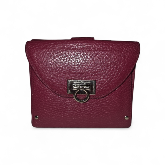 Salvatore Ferragamo Handbags - SALVATORE FERRAGAMO Burgundy Leather Ganchini Bifold Compact Wallet